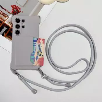 Модный держатель для карт со слотом для шнурка через плечо Чехлы для Samsung S24 S23 S22 Ultra S23FE A15 A54 A34 A14 A53/iPhone 15Pro Max Мягкий силиконовый чехол-кошелек For A53 5G серый