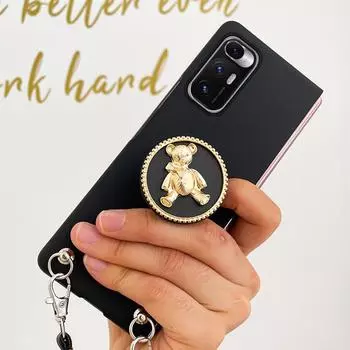 Модный держатель-подставка с милым мультяшным медведем, черная кожа, матовый чехол с длинным ремешком для Samsung Galaxy Z Fold 3 2 4 5g For Galaxy Z Fold 4 чёрный