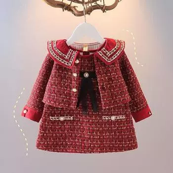 Модный детский комплект одежды принцессы в клетку для девочек, осеннее детское пальто с длинными рукавами, верхняя одежда, платье-майка, милый костюм из двух предметов 73cm красный