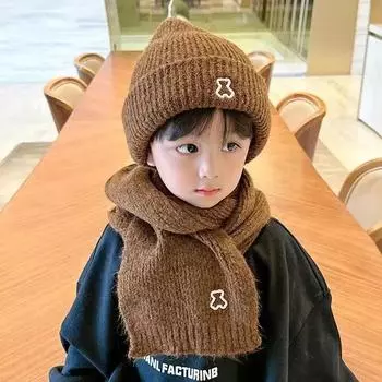 Модный детский комплект шапки-шарфа для мальчика и девочки, милый мультяшный простой медведь, вязаный крючком комплект шапки-шарфа для малышей, осенне-зимняя теплая вещь