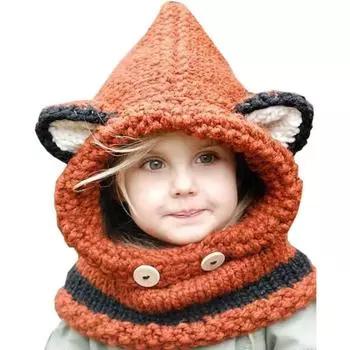 Модный детский шарф с капюшоном для мальчиков и девочек, шапка, зимняя теплая вязаная шапка, шарф, милая шапка с лисой, детская зимняя шапка, зимняя шапка для малышей, детская зимняя шапка S