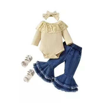 Модный детский весенний комбинезон с принтом, джинсовые расклешенные брюки, детский костюм из двух частей 100 хаки