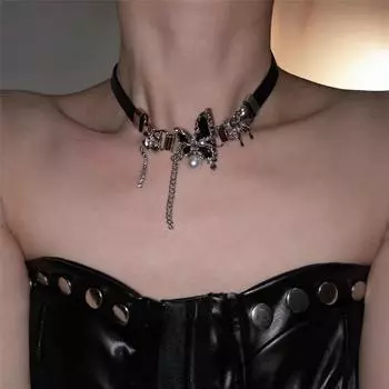 Модный дизайн цепочка на шею Dark Academia Spice Girl черная бабочка ожерелье Y2k ключица цепочка чокер воротник кожа женский One Size чёрный