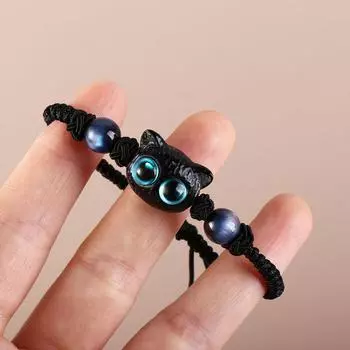 Модный дизайн Черный браслет с кошкой Кошачьи подвески Браслет плетеный ручной веревки Женские ювелирные изделия Аксессуары синий