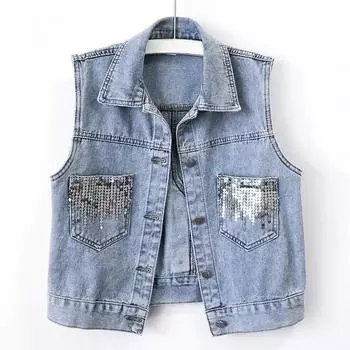 Модный дизайн, джинсовый жилет с блестками, лето-осень, женский жилет, корейский джинсовый жилет без рукавов, джинсовая куртка, женский жилет, топы 5XL чёрный