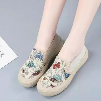 Модный дизайн Feel Canvas женская обувь 2024 Новый китайский стиль повседневная ленивая обувь для женщин на толстой подошве одна нога одиночные туфли 35 бежевый