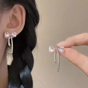Модный дизайн, милые и простые геометрические серьги с розовым бантом и цирконом, женские украшения