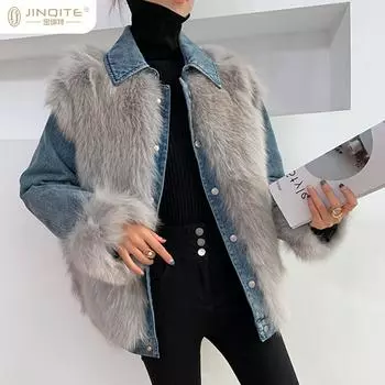 Модный дизайн, нишевая джинсовая куртка из лисьего меха, женская зимняя куртка высокого класса, кардиган, топ S синий