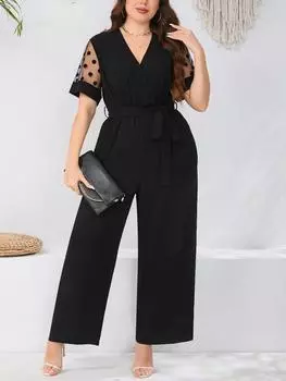 Модный дизайн плюс размер V-образный вырез с высокой талией комбинезон женский элегантный повседневный лоскутный узкий брюки в горошек женский французский шикарный однотонный брюки на шнуровке L чёрный