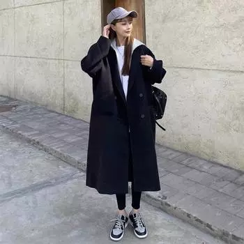 Модный дизайн Поддельный двухсекционный твидовый пиджак Женский зимний свободный в длинной секции Сращивание с капюшоном утолщенное твидовое пальто S