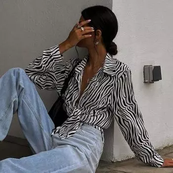 Модный дизайн, повседневная рубашка с рисунком зебры, женская свободная черно-белая полосатая блузка, женская уличная одежда, топы с длинными рукавами 28161 S чёрный