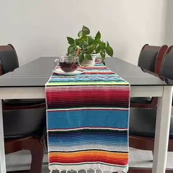 Модный дизайн с кисточками, декоративная, легко чистящаяся мексиканская полоска, фестивальная вечеринка, дорожка для стола, вечерние принадлежности, скатерть синий