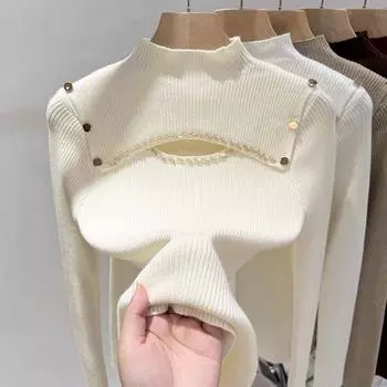 Модный дизайн Sense Hollow Out Half High Necked Толстый свитер для женщин Элегантный Новый свитер с низом Теплые топы Осень Зима Повседневный пуловер S абрикосовый