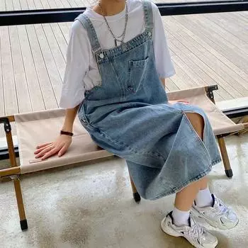 Модный дизайн Sense, летнее длинное платье с разрезом, джинсовое милое крутое милое джинсовое платье с подтяжками, женское онлайн-влиятельное лицо Fried Street, антивозрастное S синий