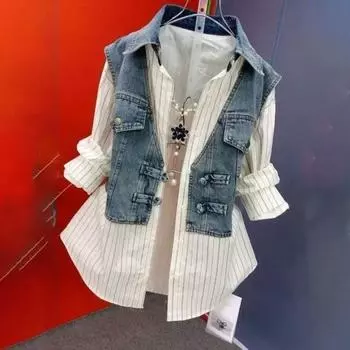 Модный дизайн Sense полосатые джинсовые куртки рубашка женская весна лето ковбой сращивание поддельные две части рубашка пальто топ женский XXXL
