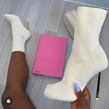 Модный дизайн, сексуальные сапоги-носки, вязаные эластичные ботинки, женская модная обувь на высоком каблуке, осенне-зимние ботильоны, ботильоны 42 бежевый