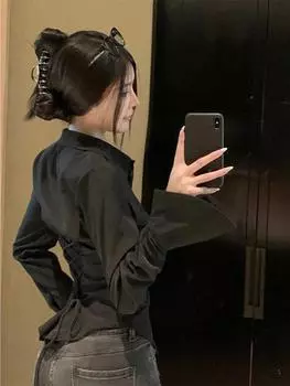 Модный дизайн, тонкие рубашки с рюшами и лацканами, женские повседневные сексуальные топы на шнуровке с длинным рукавом, женские элегантные уличные однотонные рубашки с расклешенными рукавами S белый