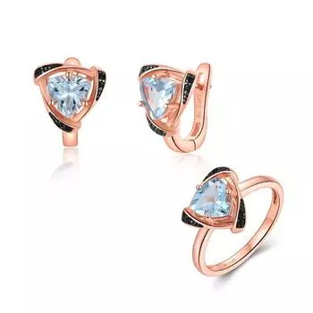 Модный дизайн Треугольное кольцо с натуральным небесно-голубым топазом, комплект серег, серебро 925 пробы, подарок на день рождения для женщин и девочек US RING SIZE:6# синий