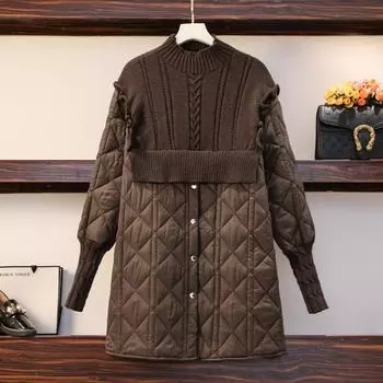 Модный дизайн, уменьшающий возраст, вязаный свитер с чувством сращивания, 2024, зима, новый воротник-стойка, длинные рукава, грибок, край, теплая хлопковая одежда M чёрный