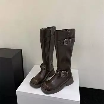 модный дизайнер винтажные женские рыцарские длинные сапоги модные элегантные туфли с пряжкой ремня квадратный каблук женские западные ботильоны до колена 35 коричневый