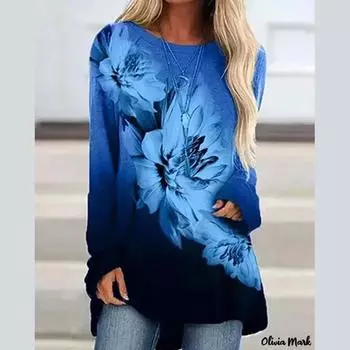 Модный длинный рукав О-образный вырез градиентный цвет цветочный принт женский пуловер футболка блузка топ S