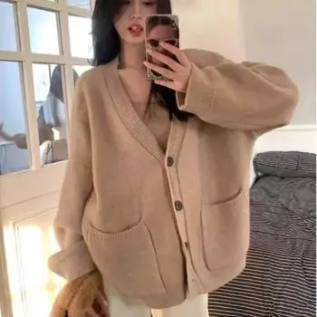 Модный длинный рукав ретро вязаный кардиган для женщин осень и зима свободные повседневные кардиганы свитер элегантный V-образный вырез на пуговицах трикотажное пальто 31051 One Size серый