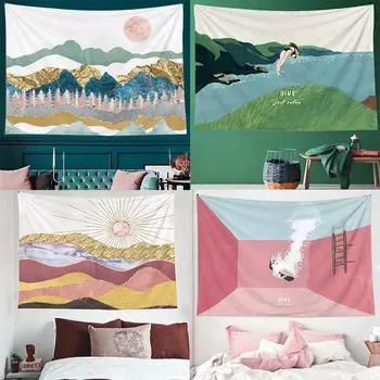 Модный домашний декор Гобелен Простой пейзаж Фотопечать Спальня Гостиная Гобелен 100x75cm
