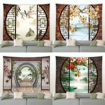 Модный домашний декор Гобелен с китайским ретро-пейзажным узором для спальни и гостиной Гобелен 100x75cm