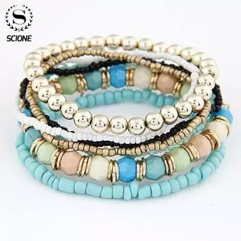 Модный домашний женский модный богемный многослойный браслет из бисера, эластичный браслет в этническом стиле розовый