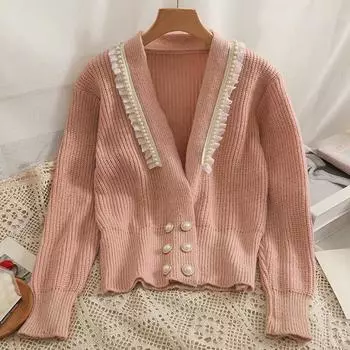 Модный двубортный вязаный кардиган с длинным рукавом, свитер с кружевом, бисерные свитера для женщин, куртки, женские облегающие зимние кардиганы 25536 One Size розовый