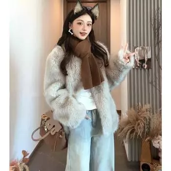 Модный двухцветный искусственный мех лисы, женское меховое интегрированное полупальто с верхом из шерсти, женская зимняя новинка S