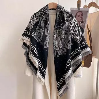 Модный двухсторонний женский теплый квадратный шарф с кисточками и элегантной шалью 130-130cm серый