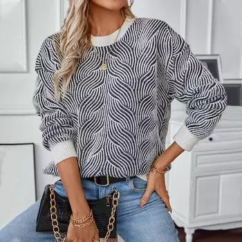 Модный европейский и американский ретро повседневный полосатый свитер женский осенне-зимний новый пуловер свободный с длинными рукавами контрастного цвета вязаный свитер S чёрный