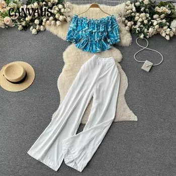 Модный французский костюм-рубашка на одно плечо с оборками и цветочным принтом, женский тонкий широкий брючный костюм с высокой талией One size красный