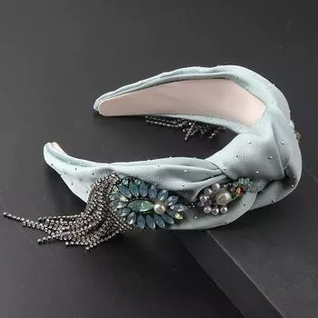 Модный головной убор, ткань в стиле барокко, бриллиантовый тард, повязка на голову с кисточками, красивый аксессуар для волос для женской вечеринки небесно-голубой