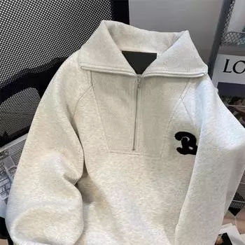 МОДНЫЙ хлопковый композитный супер свитер женский утолщенный молния лацкан вышитый цветок топ большой размер женская одежда Одежда M серый