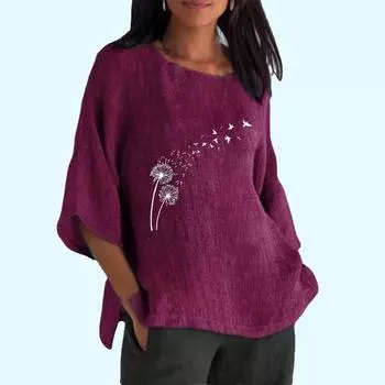 Модный хлопковый льняной топ с рукавами 3/4 для женщин, женский круглый воротник, весна и лето, тонкий принт, большие размеры, повседневная длинная рубашка S розовый