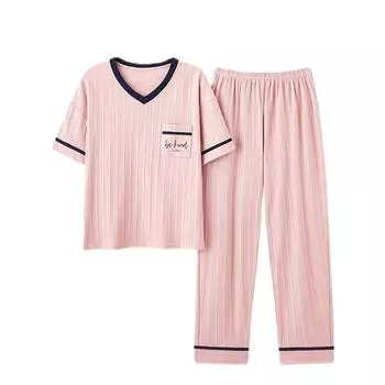 Модный хлопковый женский комплект из двух предметов с короткими рукавами и длинными брюками на лето M