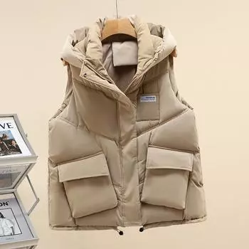 МОДНЫЙ хлопковый жилет женский 2024 года, новинка зимы, с капюшоном, большим карманом, повседневный жилет, женская модная одежда M хаки