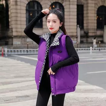 МОДНЫЙ хлопковый жилет женский 2024 новый короткий свободный клетчатый хлопковый жилет жилет жилет Одежда M фиолетовый