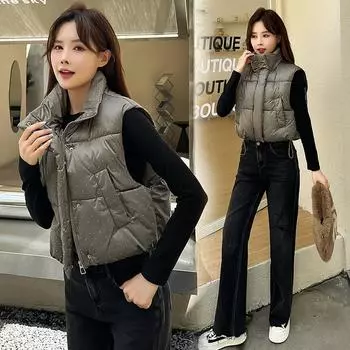 МОДНЫЙ хлопковый жилет женский 2024 новый воротник-стойка утолщенный свободный короткий яркий ромб маленький ароматный ветер без рукавов жилет Одежда M чёрный