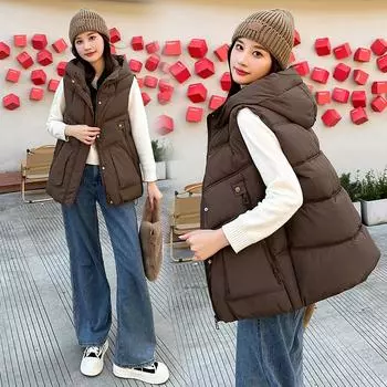 МОДНЫЙ хлопковый жилет женский 2024 осень и зима новый свободный средний и длинный с капюшоном без рукавов хлопковый жилет верхняя одежда жилет модная одежда M