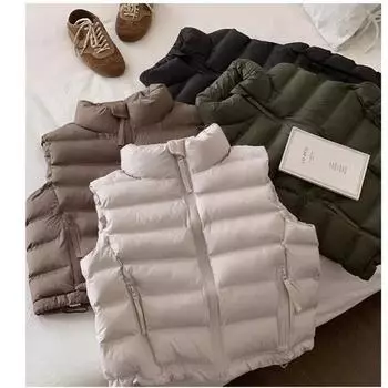 МОДНЫЙ хлопковый жилет женский 2024 осень и зима новый воротник-стойка короткий хлопковый жилет карман на молнии легкий тонкий жилет Одежда S чёрный