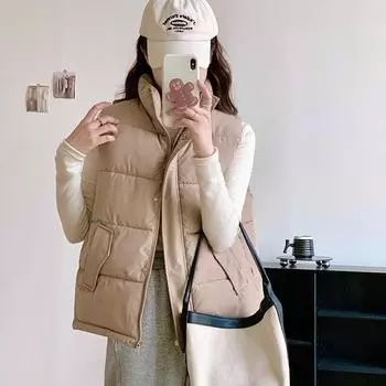 МОДНЫЙ хлопковый жилет женский 2024 осень-зима Xiaoxiangfeng воротник-стойка новый безрукавный хлопковый жилет верхняя одежда жилет модная одежда M чёрный