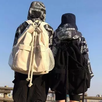 Модный холщовый рюкзак для женщин, большой емкости, рюкзак на шнурке для путешествий, простой стиль, новый дорожный рюкзак, сумки на плечо 30x15x40cm чёрный