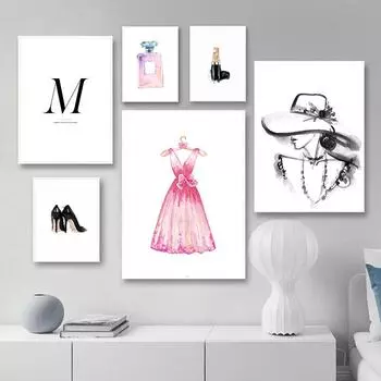 Модный художественный постер розовое платье на высоких каблуках для девочек, печать на холсте, настенная живопись, украшение для салона красоты для девочек, креативная картина 21*30cm
