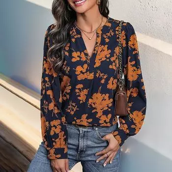 Модный и повседневный темпераментный осенний ветер французский топ пуловер с V-образным вырезом рубашка с принтом S темно-синий