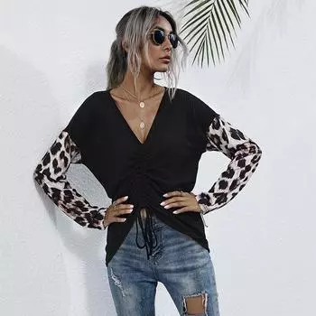 Модный и повседневный темпераментный осенний женский длинный рукав свободный черный леопардовый лоскутный вязаный свитер S чёрный