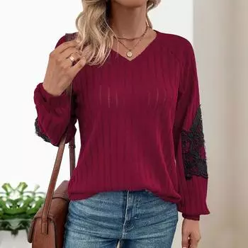 Модный и повседневный темпераментный осенний женский кружевной сращивающийся однотонный вязаный свитер для женщин S красный