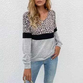 Модный и повседневный темпераментный ранняя осень женская леопардовая расцветка сращивание с длинными рукавами нижняя рубашка женские модели S светло-серый
